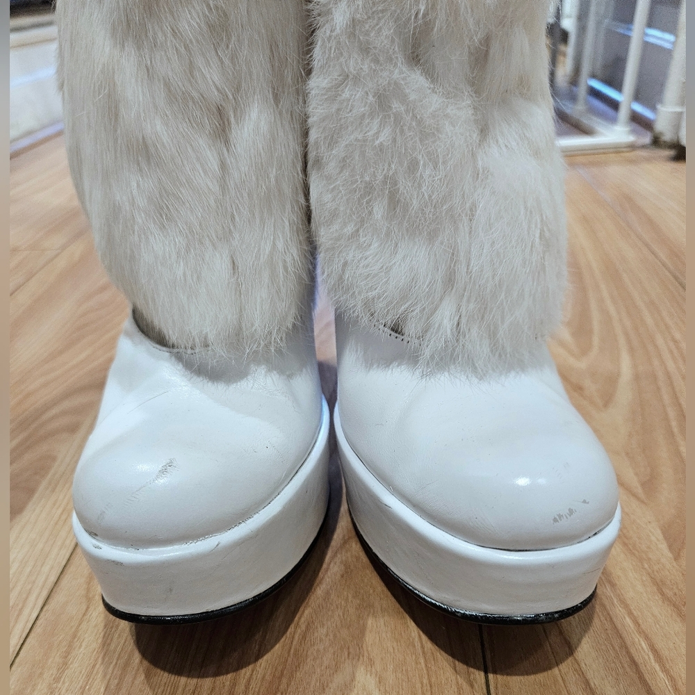 RARE Y2K El Dantes Platform Knee High Boots White Rabbit Fur Chunky EU 41 US 10 - Picture 6 of 16